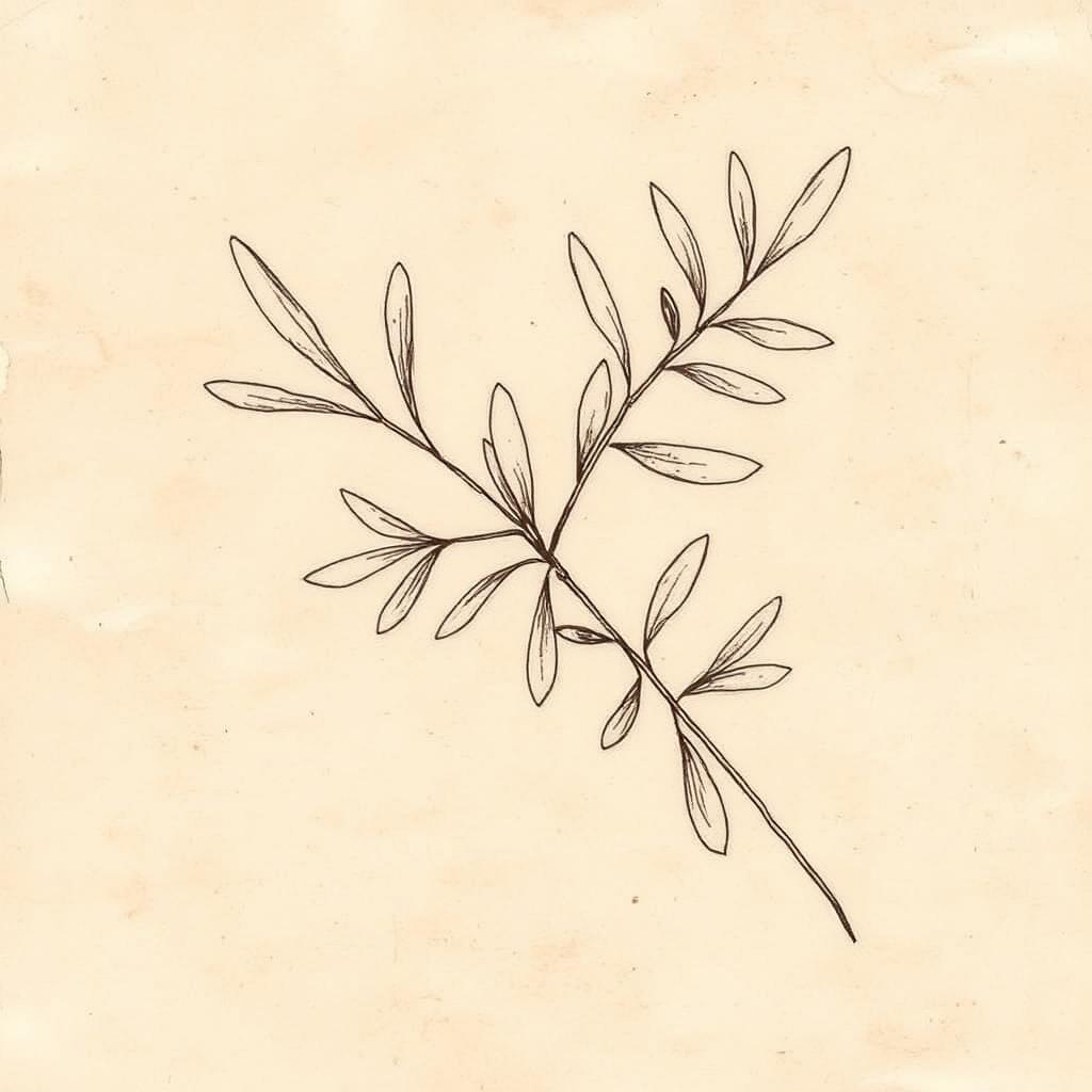 Botanical ink sketch of a wild olive branch on aged paper