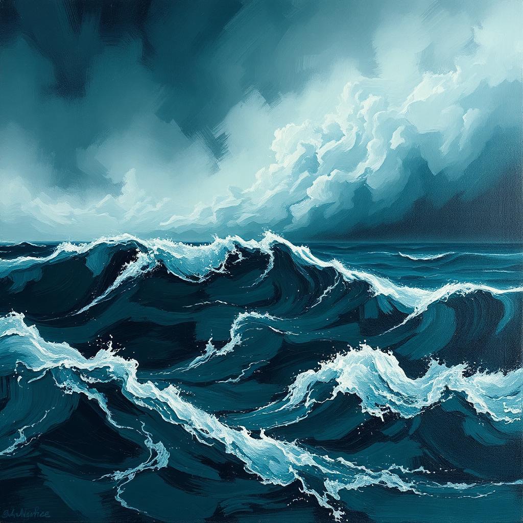 Vintage oil painting of a stormy ocean with heavy impasto texture